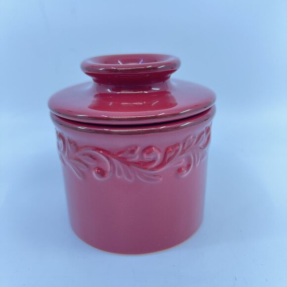 vintage red ceramic butter keeper with embossed floral design - Picture 1 of 7
